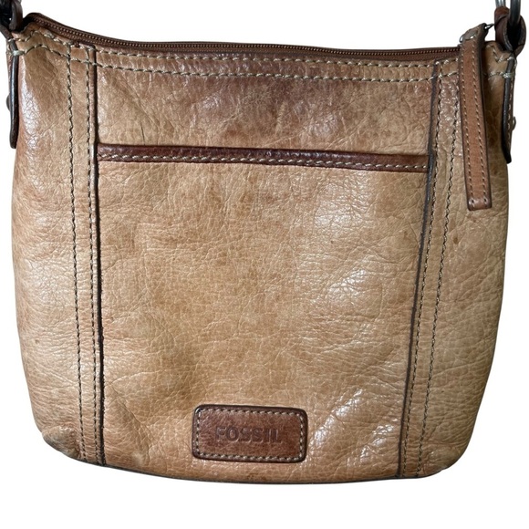 VTG FOSSIL Genuine Leather Brown Crossbody Bag Tan Satchel Zip-Top Key Charm Y2K - Picture 3 of 14